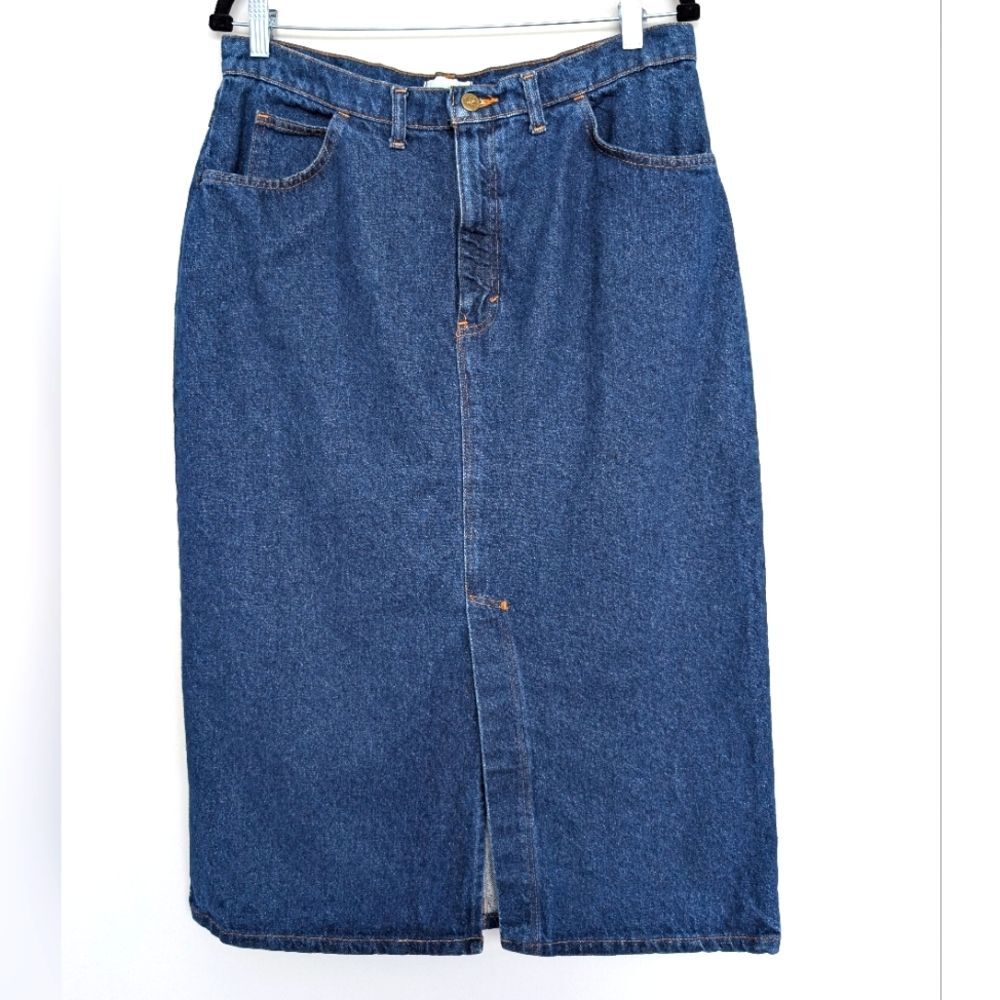 Vintage Hunter's Run Denim Midi Front Slit Medium Wash Skirt Western Modest